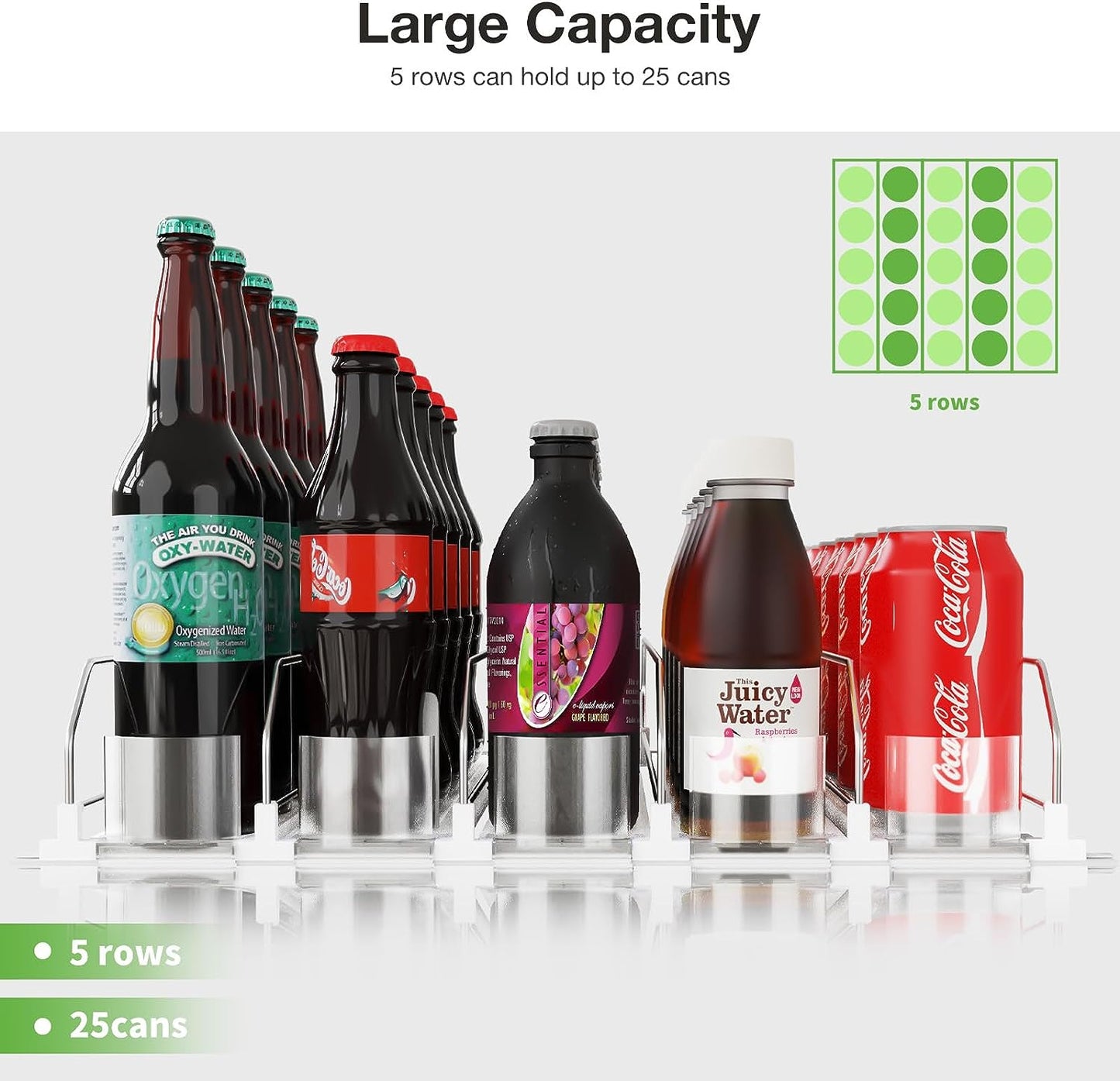 SINGTIP Drink Organizer for Fridge Soda Can Dispenser Water Bottle Can Storage Organization for Refrigerator with Adjustable Pusher Glide - Perfect for Soda, Beer, and Other Beverages (5 Rows, 38CM)