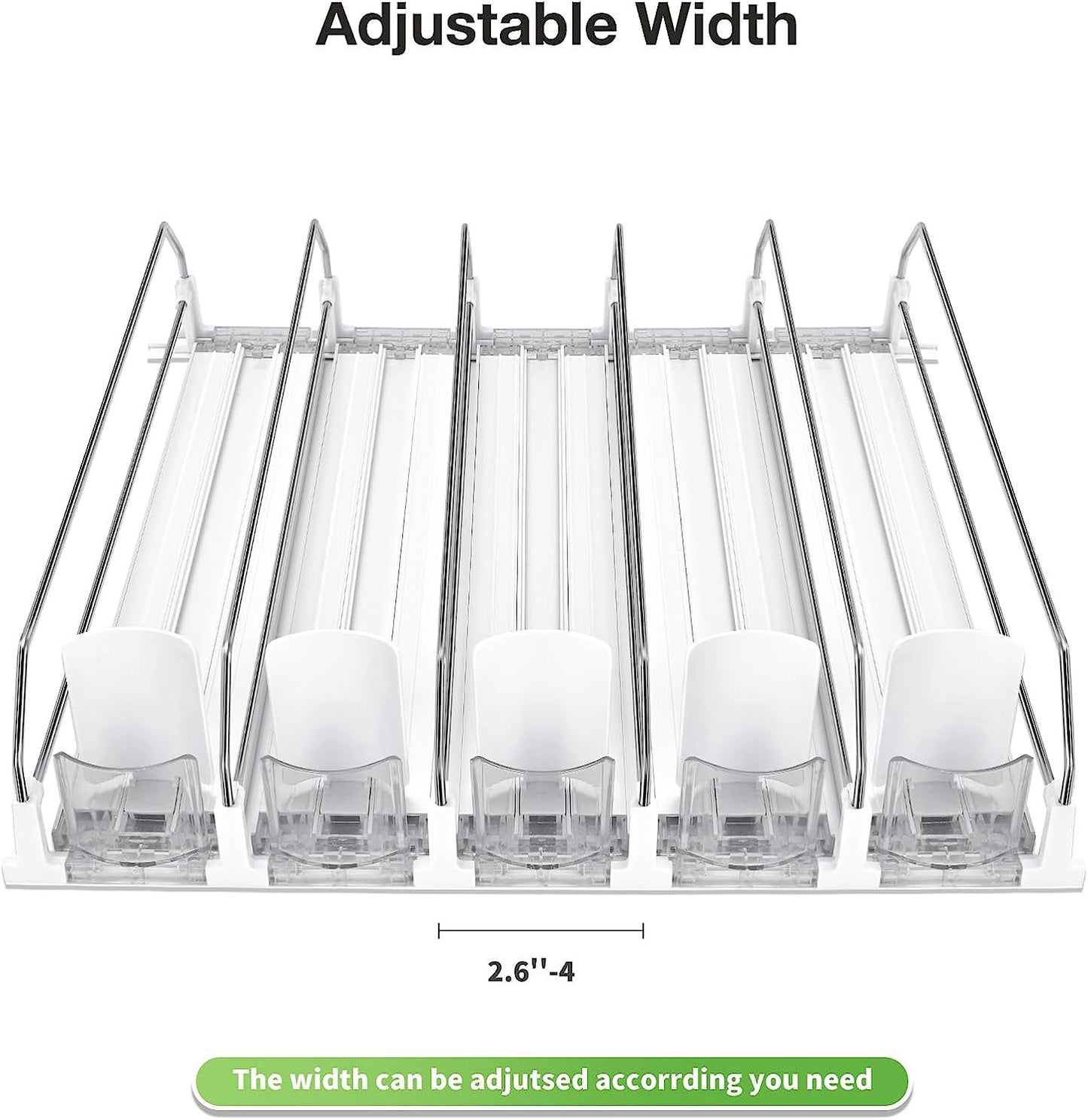 SINGTIP Drink Organizer for Fridge Soda Can Dispenser Water Bottle Can Storage Organization for Refrigerator with Adjustable Pusher Glide - Perfect for Soda, Beer, and Other Beverages (5 Rows, 38CM)