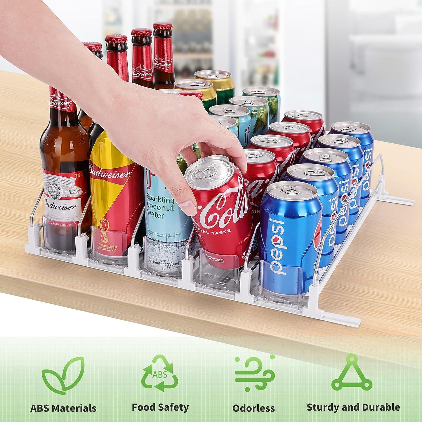 SINGTIP Drink Organizer for Fridge Soda Can Dispenser Water Bottle Can Storage Organization for Refrigerator with Adjustable Pusher Glide - Perfect for Soda, Beer, and Other Beverages (5 Rows, 38CM)
