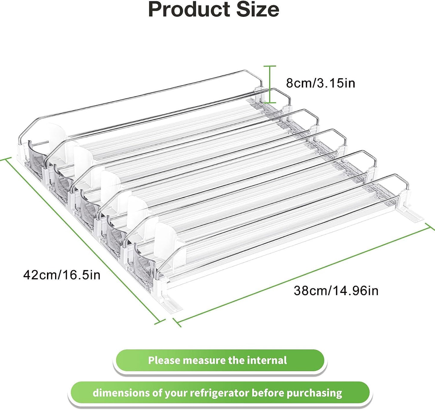 SINGTIP Drink Organizer for Fridge Soda Can Dispenser Water Bottle Can Storage Organization for Refrigerator with Adjustable Pusher Glide - Perfect for Soda, Beer, and Other Beverages (5 Rows, 38CM)