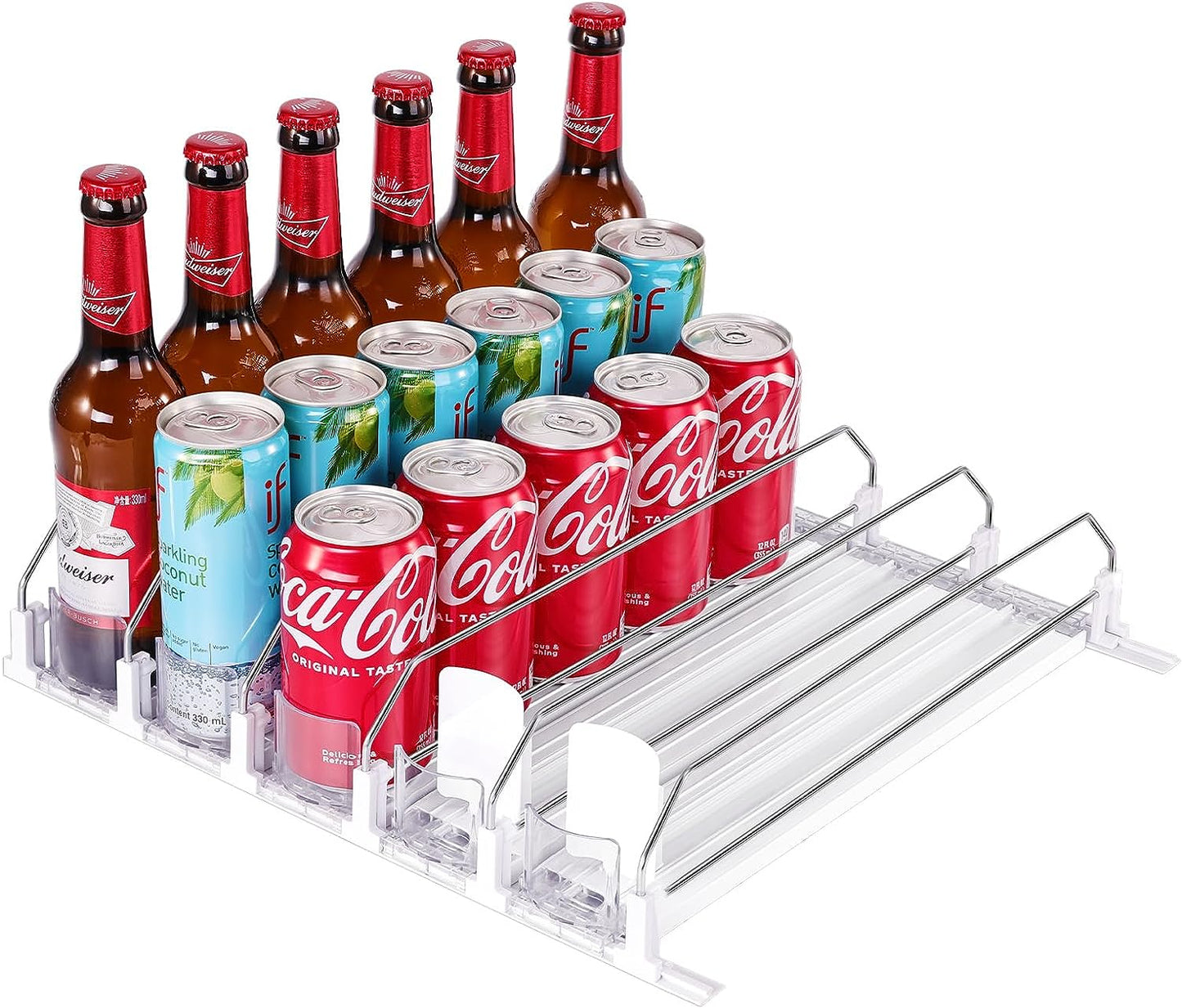 SINGTIP Drink Organizer for Fridge Soda Can Dispenser Water Bottle Can Storage Organization for Refrigerator with Adjustable Pusher Glide - Perfect for Soda, Beer, and Other Beverages (5 Rows, 38CM)