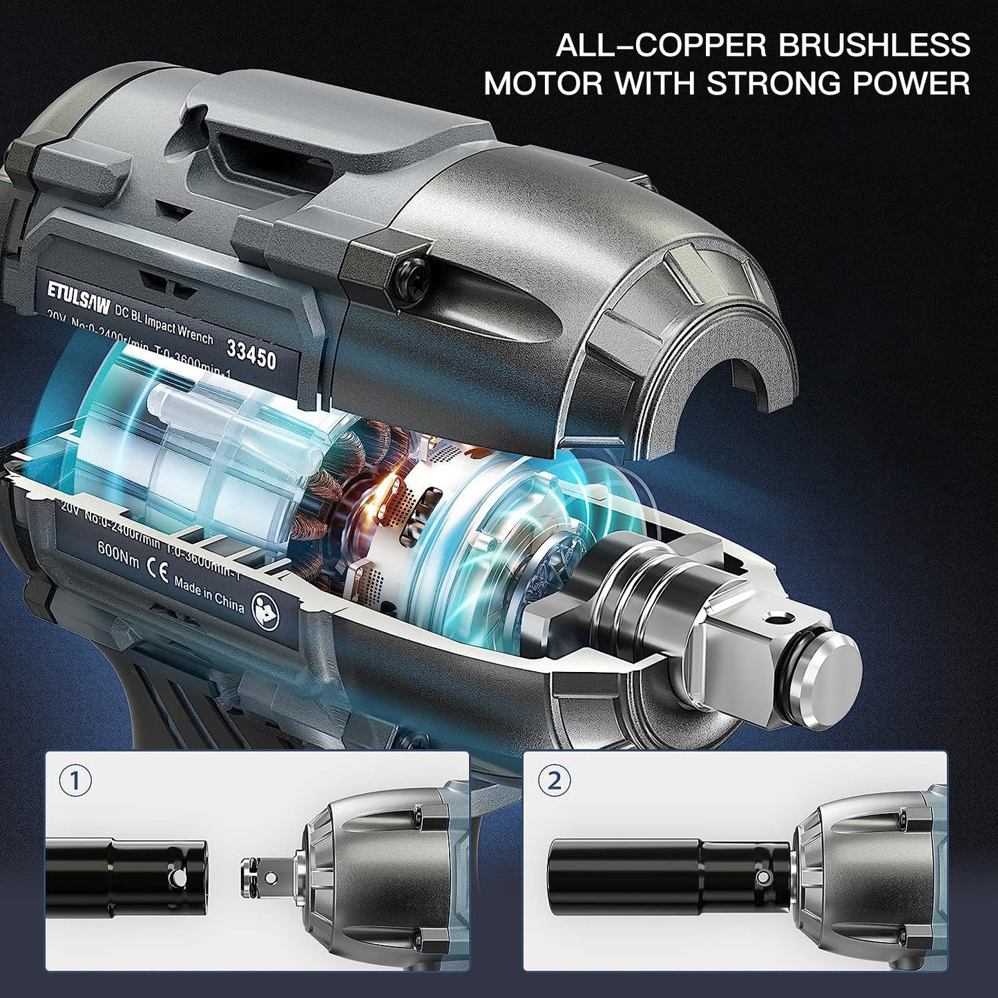 YEARTOP Powerful Cordless Impact Wrench: 1/2 inch Brushless Driver, 18V 350N.m High Torque, 6000mAh Li-Ion Battery, Variable Speed 3200rpm, Complete with Socket Set and Carry Box.