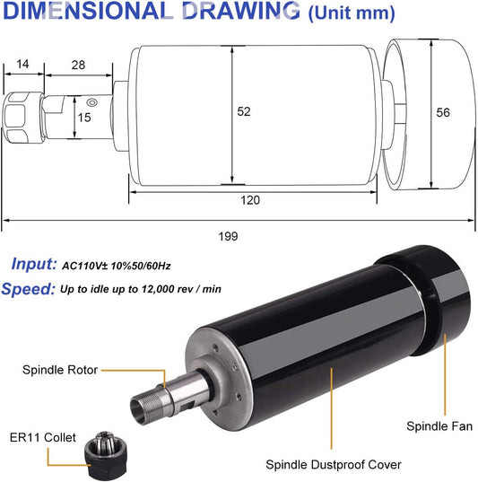 TwoWin CNC Spindle CNC Motor 110V 1.5KW Air Cooled Spindle Motor 65mm 4 Bearings 24000RPM 400HZ for CNC Router Machine
