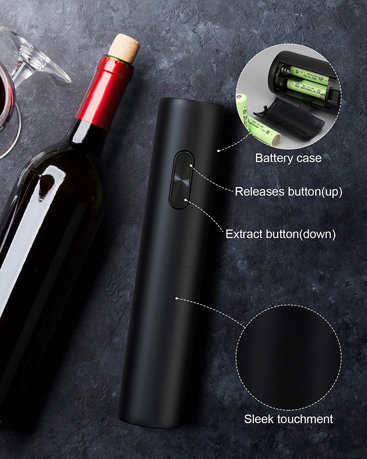 MYSWEETY Electric Wine Opener Battery Operated Bottle Openers Reusable Wine Corkscrew for Kitchen Home Bar Restaurant - Black