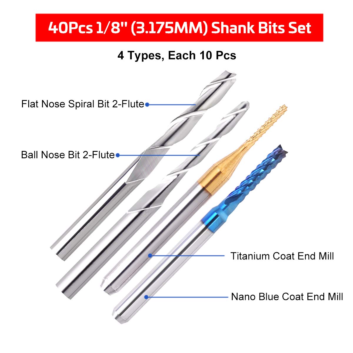 TwoWin 40Pcs End Mill Bits Set 1/8