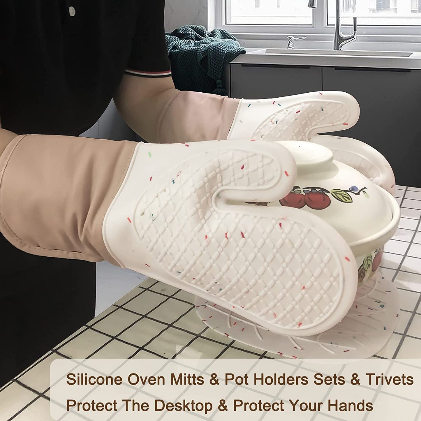 MYSWEETY Extra Long Oven Mitts and Pot Holders Sets, Heat Resistant Silicone Oven Mittens with Hot Pads, Double Layer High Temperature Resistant Hot Pads and Oven Mitts Sets for Cooking, Grilling-Beige 3 PCS