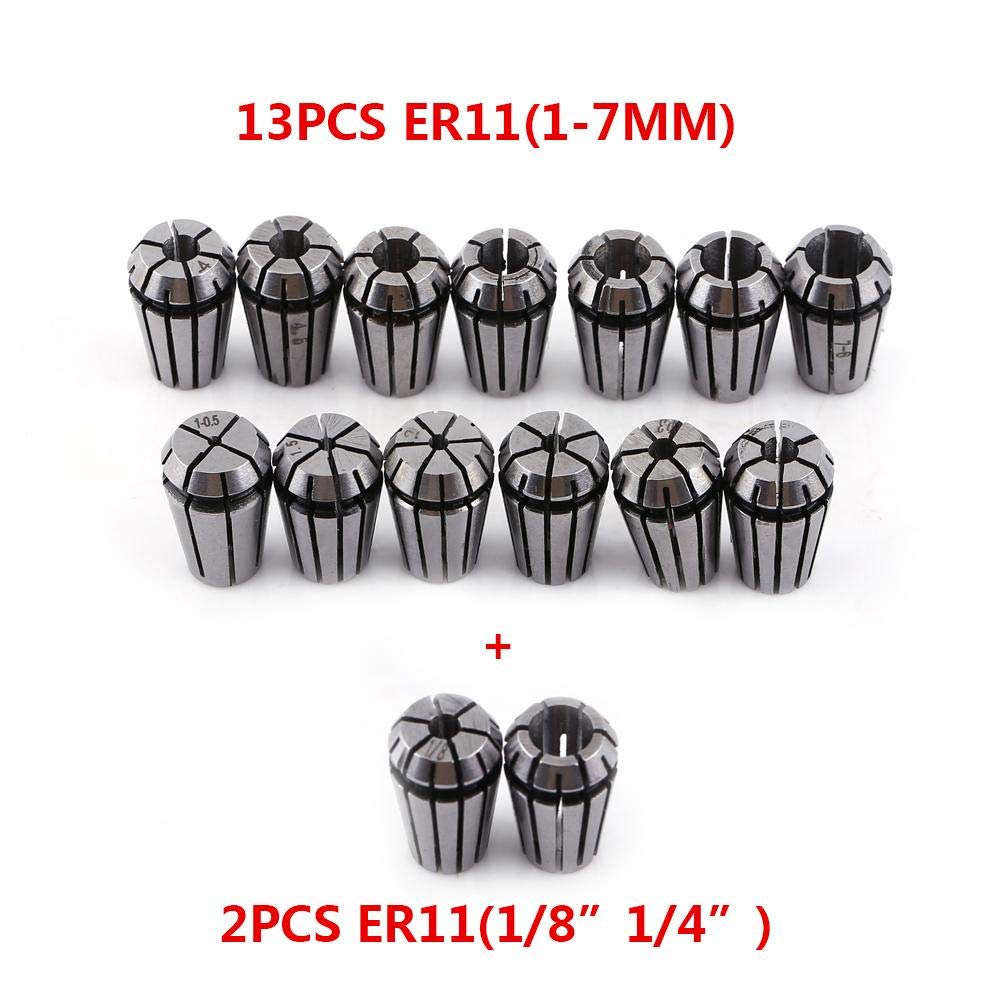 TwoWin ER11 Collet Set, 1Set 15pcs ER11 Spring Collet Chuck for CNC Engraving Machine & Milling Lathe Workholding Tool 1-7mm 1/8”，1/4”