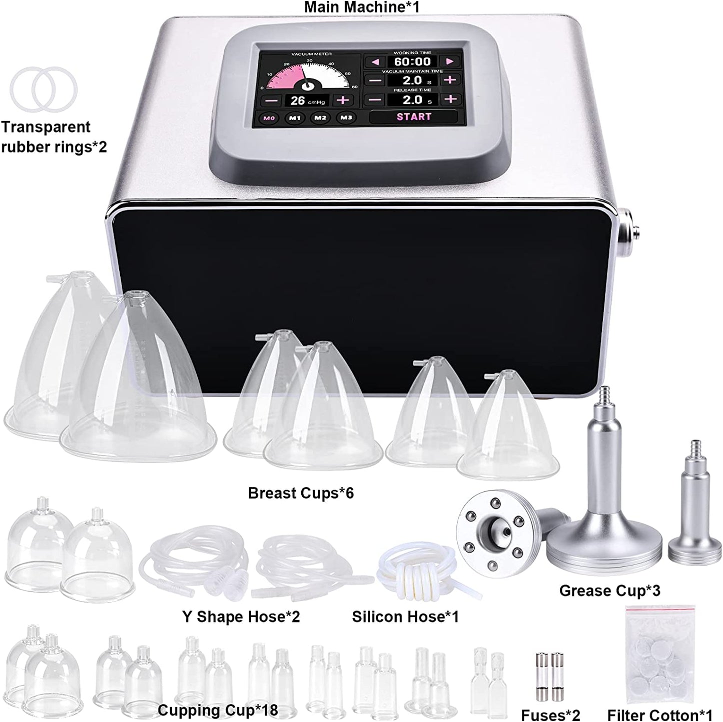 Rolelady - Touch Screen Vacuum Cupping Therapy Machine, Cups for Use in Cupping Therapy，Multiple Functional Vacuum Cupping Scraping Therapy Massage Apparatus with 24 Vacuum Cups and 3 Pumps